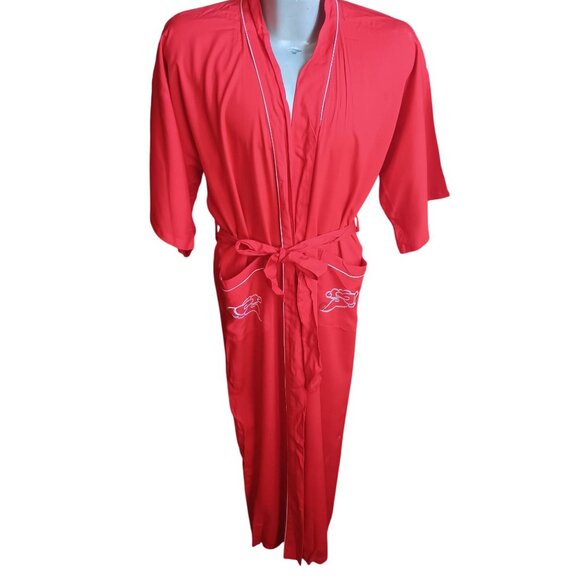 Vintage Men's Small Kimono Robe Red Dragon Embroidered 60s Rayon Smoking Jacket - Picture 2 of 9